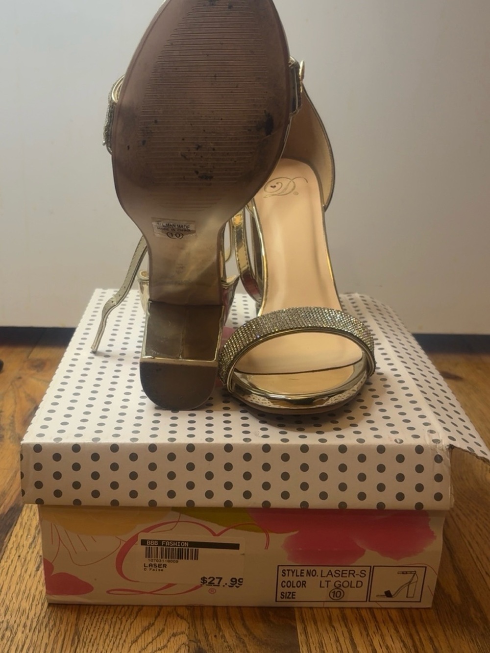 Delicious Metallic Gold Block Heel Sandals with Rhinestone Front Strap - Picture 3 of 5